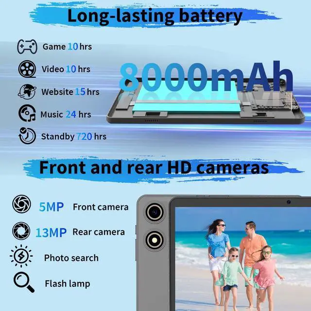 Alt view image 4 of 5 - Android 15 Tablet with Keyboard, 26GB RAM+256GB ROM(2TB Expand), 10 inch tablet with 8000mAh Battery, 2.4G/5G WiFi, 5MP+13MP Dual Camera, Widevine L1, GMS Certified, Mouse, Case, Stylus(Black Case)