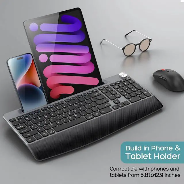 Alt view image 3 of 5 - GAMCATZ Ergonomic Wireless Keyboard and Mouse with Wrist RestPhone Holder - 2.4GHz Full-Sized Low-Profile Quiet Wireless Mouse and Keyboard Combo for Computer, Laptop, PC, Mac-Grey