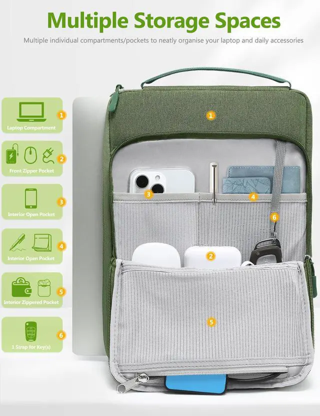 Alt view image 2 of 5 - HYZUO 15-16 Inch Laptop Bag Sleeve for MacBook Pro 16 M4 M3 M2 M1 2025-2019, 15" Surface Book, Notebook Case for 15" 15.6" Dell HP Lenovo ThinkBook Asus Acer Samsung Huawei, Grass Green