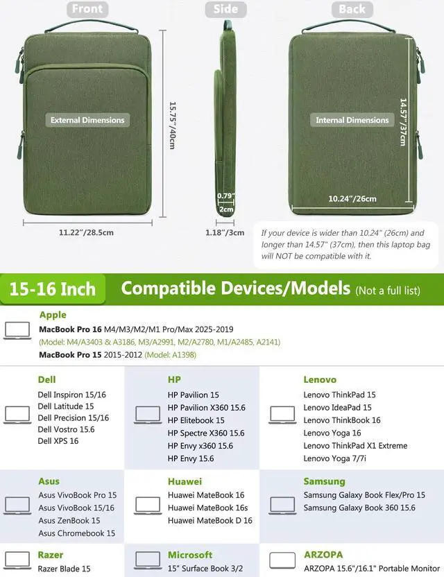 Alt view image 3 of 5 - HYZUO 15-16 Inch Laptop Bag Sleeve for MacBook Pro 16 M4 M3 M2 M1 2025-2019, 15" Surface Book, Notebook Case for 15" 15.6" Dell HP Lenovo ThinkBook Asus Acer Samsung Huawei, Grass Green