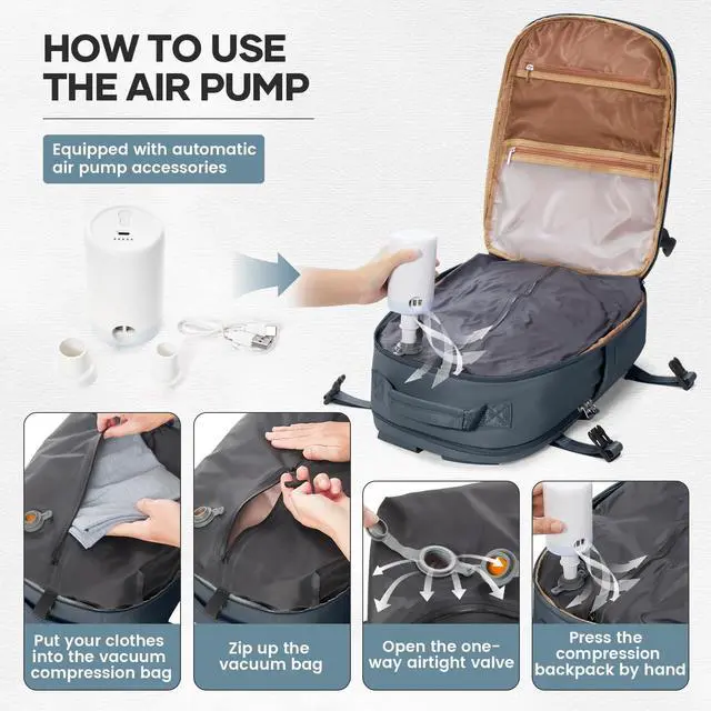 Alt view image 2 of 5 - UPPACK Vacuum Backpack Travel With Pump for Women Men Personal item Travel Bag Carry on Backpack Flight Approved Work College Casual Daypack Backpacks with Vacuum Compression Navy blue