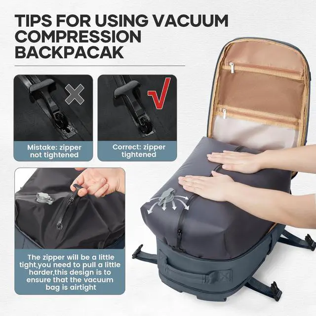 Alt view image 4 of 5 - UPPACK Vacuum Backpack Travel With Pump for Women Men Personal item Travel Bag Carry on Backpack Flight Approved Work College Casual Daypack Backpacks with Vacuum Compression Navy blue