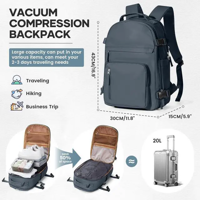 Alt view image 5 of 5 - UPPACK Vacuum Backpack Travel With Pump for Women Men Personal item Travel Bag Carry on Backpack Flight Approved Work College Casual Daypack Backpacks with Vacuum Compression Navy blue