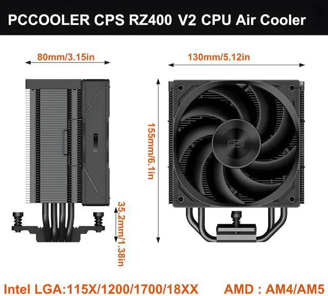 Alt view image 2 of 5 - PCCOOLER RZ400 V2 CPU Cooler 240W Air Cooler with 4 HeatPipe Cooling System, FDB 2200RPM Fans for Intel LGA 115X/1700, AM4/AM5 BK