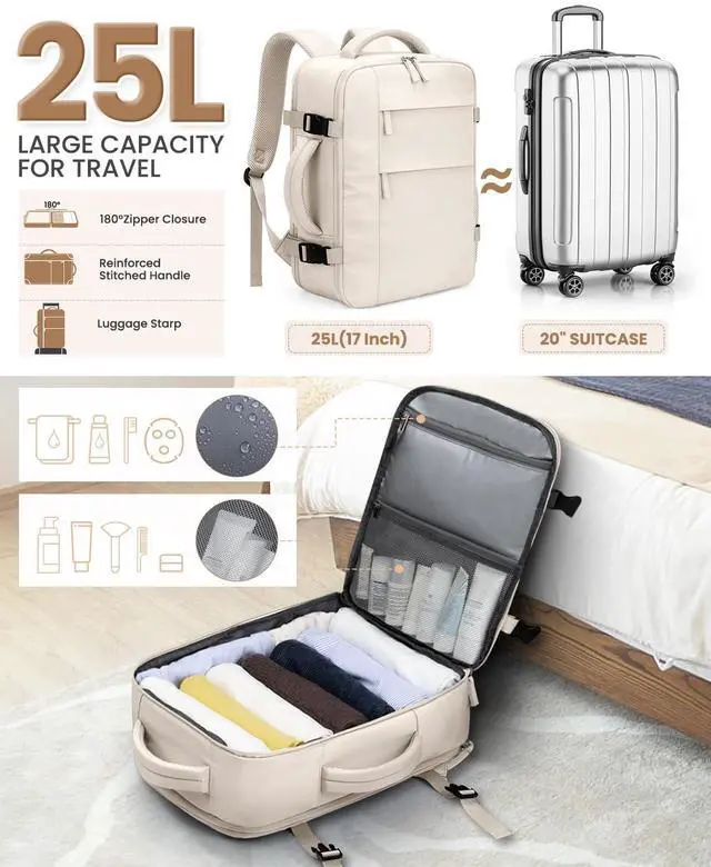 Alt view image 3 of 5 - Pritent Travel Backpack for Women Man, Waterproof Laptop Backpack Travel Bag Airline Approved Carry on Weekender Overnight Bag Bookbag for Business,Travel, Work Fits 17.3 inch Laptop(Large,Beige)