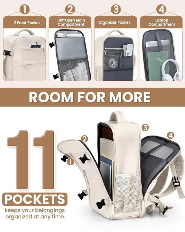 Alt view image 4 of 5 - Pritent Travel Backpack for Women Man, Waterproof Laptop Backpack Travel Bag Airline Approved Carry on Weekender Overnight Bag Bookbag for Business,Travel, Work Fits 17.3 inch Laptop(Large,Beige)