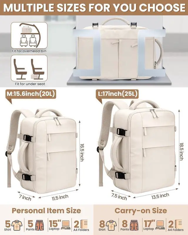 Alt view image 5 of 5 - Pritent Travel Backpack for Women Man, Waterproof Laptop Backpack Travel Bag Airline Approved Carry on Weekender Overnight Bag Bookbag for Business,Travel, Work Fits 17.3 inch Laptop(Large,Beige)