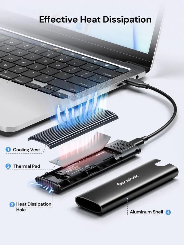 Alt view image 3 of 5 - dockteck M.2 NVMe SATA SSD Enclosure Adapter, Tool-Free USB 3.2 Gen 2 10Gbps NVMe to USB Adapter for SSDs 2230/2242/2260/2280, External Solid State Drive Case Supports M-Key/B+M Key and UASP (Black)