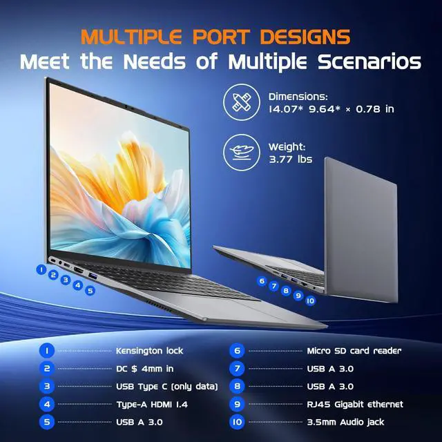 Alt view image 3 of 5 - HYPERSTRIX 16" Laptop Computer Core i5(up to 3.6GHz) 16GB RAM,512GB SSD,Notebook PC,Office Suite,Gaming Laptop,1920 x 1200 FHD 16:10 Display, with BT5.0 Wi-Fi, USB A, HDMI, RJ45, Backlit Keyboard