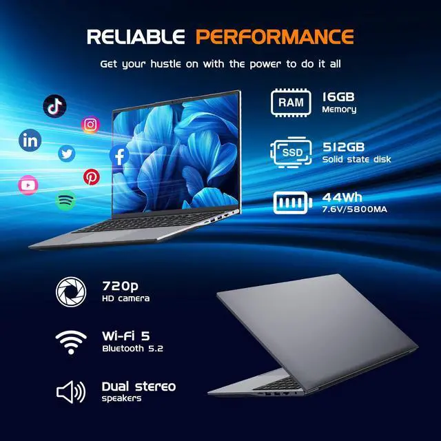 Alt view image 5 of 5 - HYPERSTRIX 16" Laptop Computer Core i5(up to 3.6GHz) 16GB RAM,512GB SSD,Notebook PC,Office Suite,Gaming Laptop,1920 x 1200 FHD 16:10 Display, with BT5.0 Wi-Fi, USB A, HDMI, RJ45, Backlit Keyboard
