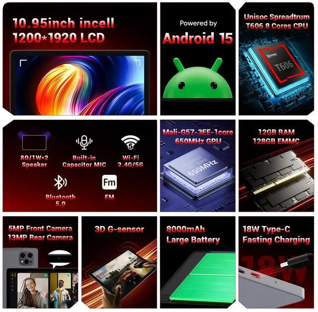 Alt view image 2 of 5 - FIREBAT Tablet Android 15, 10.95 Inch 1920x1200 In-Cell Touchscreen, 8000mAh, T606 Octa-Core Processor, 12GB RAM 128GB ROM, Wi-Fi 5, BT5.0, FM, Widevine L1, 5MP Front/13MP Back Camera, Protective Case