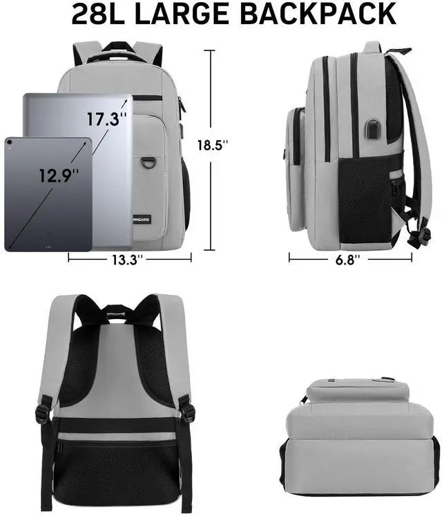 Alt view image 3 of 5 - WINDARS Backpack for Men and Women, Casual School Backpack Teen Boys and Girls Lightweight 17.3 Inch Laptop Bookbag with USB Charger for College Work Travel (Gray)