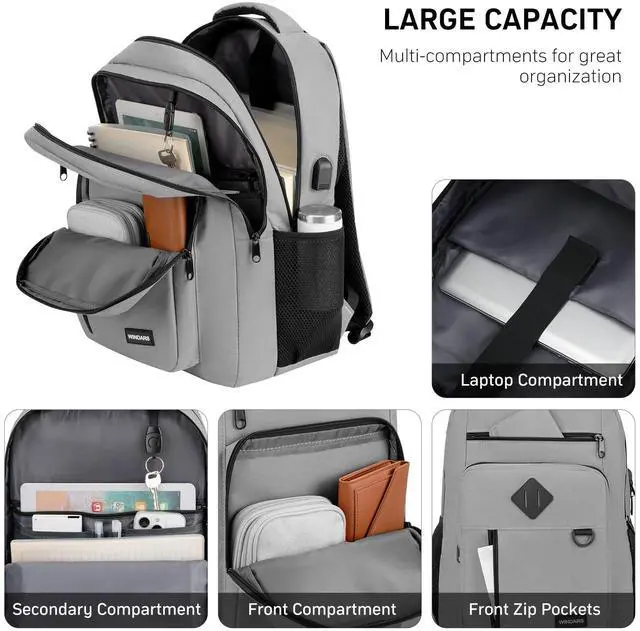 Alt view image 2 of 5 - WINDARS Backpack for Men and Women, Casual School Backpack Teen Boys and Girls Lightweight 17.3 Inch Laptop Bookbag with USB Charger for College Work Travel (Gray)