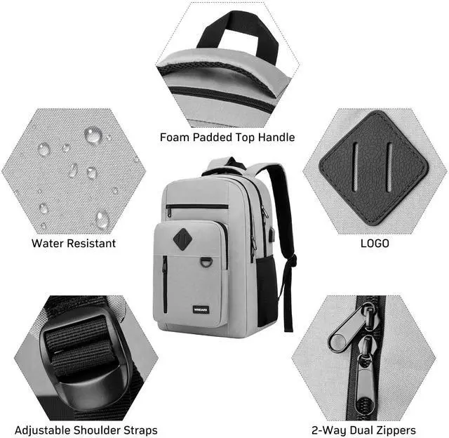 Alt view image 5 of 5 - WINDARS Backpack for Men and Women, Casual School Backpack Teen Boys and Girls Lightweight 17.3 Inch Laptop Bookbag with USB Charger for College Work Travel (Gray)