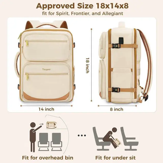 Alt view image 3 of 5 - Taygeer Spirit Airlines Personal Item Bag 18x14x8, Underseat Personal Item Backpack with Makeup Compartment & Water Bottle Pocket, 18x14x8 Inches Carry on Backpack for Women Fit Spirit Frontier,Beige