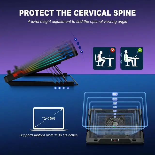 Alt view image 4 of 5 - G-STORY Gaming Laptop Cooling Pad with Movable Fan and Automatic Speed Adjustable by Temperature,Music Sync RGB Light,Low Noise Laptop Cooler 3 Speed 1500/1750/2000RPM(140MM) Stand 1218" Notebook