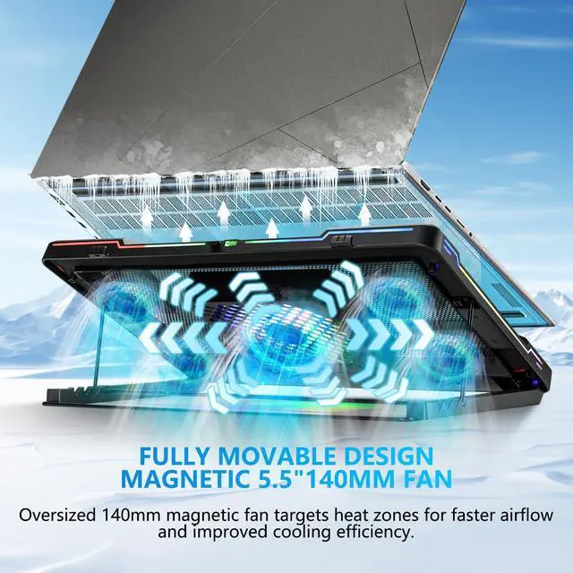 Alt view image 2 of 5 - G-STORY Gaming Laptop Cooling Pad with Movable Fan and Automatic Speed Adjustable by Temperature,Music Sync RGB Light,Low Noise Laptop Cooler 3 Speed 1500/1750/2000RPM(140MM) Stand 1218" Notebook