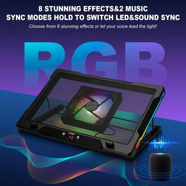 Alt view image 3 of 5 - G-STORY Gaming Laptop Cooling Pad with Movable Fan and Automatic Speed Adjustable by Temperature,Music Sync RGB Light,Low Noise Laptop Cooler 3 Speed 1500/1750/2000RPM(140MM) Stand 1218" Notebook