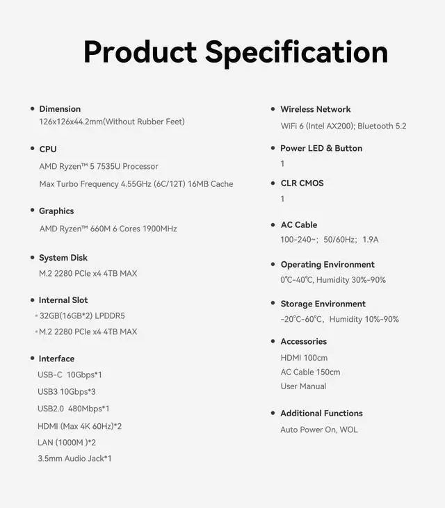 Alt view image 2 of 5 - Beelink EQR7 Mini Desktop PC with AMD Ryzen 5 7535U 6C/12T, 32GB LPDDR5 1TB NVMe M.2 SSD, Dual Display Output, WiFi 6, Dual 1000M RJ45, Bluetooth 5.2 W-11 Mini PC