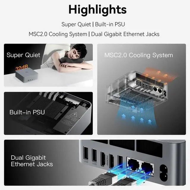 Alt view image 4 of 5 - Beelink EQR7 Mini Desktop PC with AMD Ryzen 5 7535U 6C/12T, 32GB LPDDR5 1TB NVMe M.2 SSD, Dual Display Output, WiFi 6, Dual 1000M RJ45, Bluetooth 5.2 W-11 Mini PC