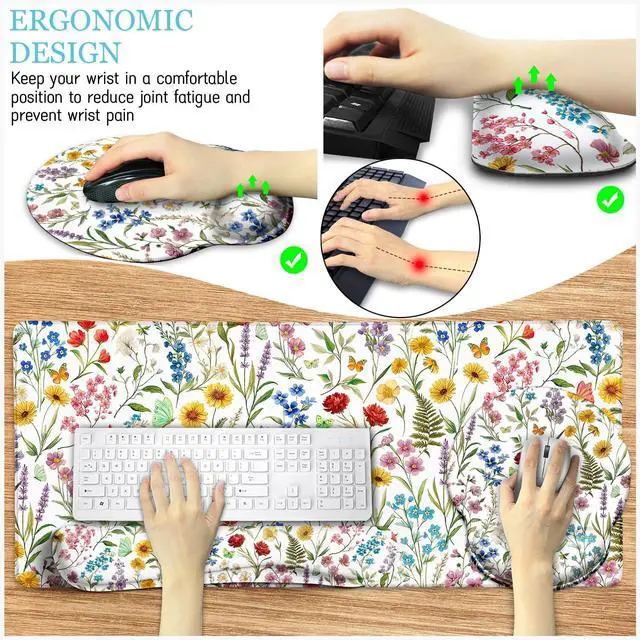 Alt view image 4 of 5 - LIMKRIAN Floral Mouse Pad Set Large Desk Mat for Desktop, Ergonomic Mouse Pad with Gel Wrist Rest for Gaming, Computer Keyboard Mat Wrist Support Cup Coaster Set, Women Office Desk Accessories Decor