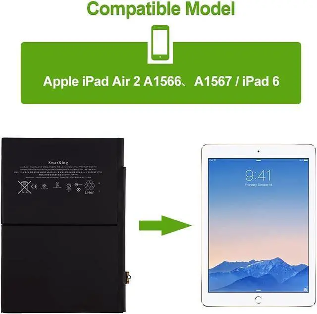 Alt view image 4 of 5 - SwarKing Rechargeable 0-Cycle Replacement Battery A1547 Compatible with Apple iPad 6 iPad Air 2 WiFi A1547 A1566 A1567 MGKL2LL/A MGL12LL/A with Tools