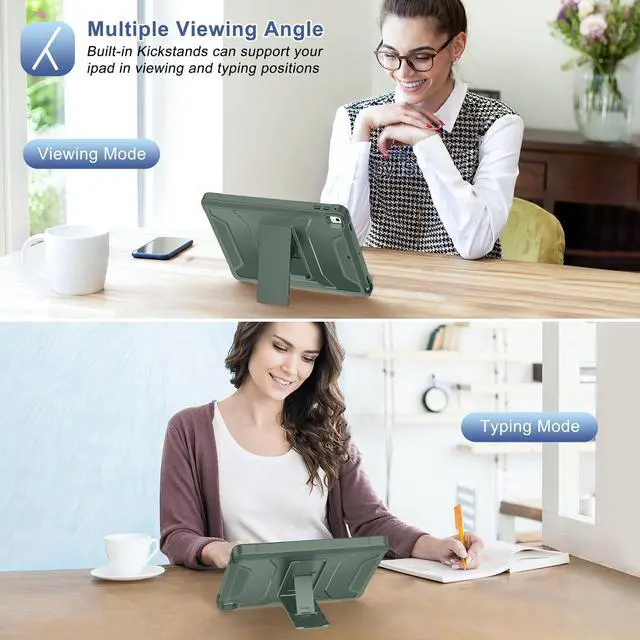 Alt view image 5 of 5 - Soke Case for iPad 6th/5th Generation 9.7 Inch 2018/2017,with Built-in Screen Protector and Kickstand, Rugged Full-Body Heavy Duty Protective Cover for Apple iPad Air 2 /Pro 9.7 - Calke Green