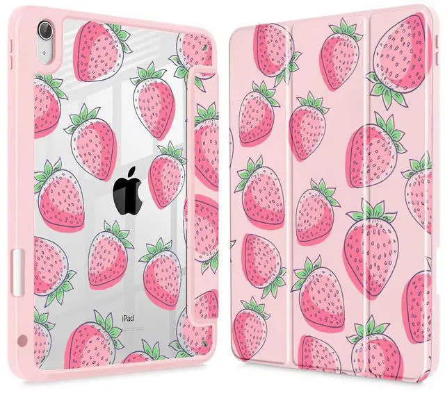 Main image of Lepeoac Case for iPad 11 inch A16 2025 Generation 11th / iPad 10.9 inch 2022 10th Gen, Buit in Pencil Holder with Shockproof Cover Clear Transparent Back Shell Auto Wake/Sleep, Strawberries