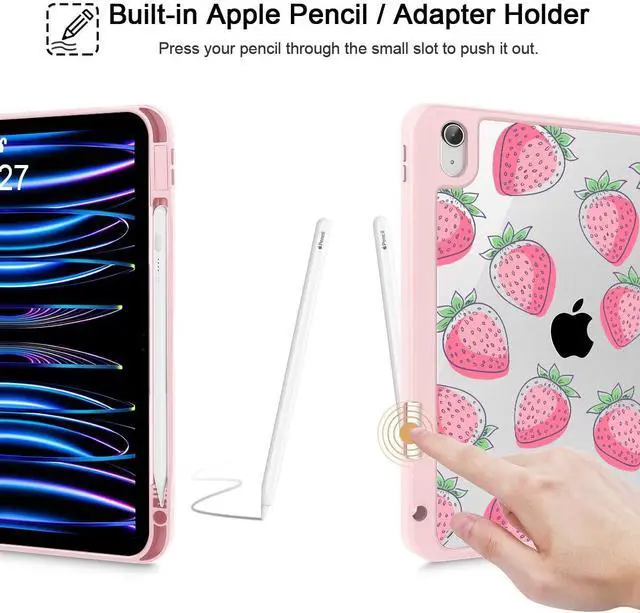 Alt view image 5 of 5 - Lepeoac Case for iPad 11 inch A16 2025 Generation 11th / iPad 10.9 inch 2022 10th Gen, Buit in Pencil Holder with Shockproof Cover Clear Transparent Back Shell Auto Wake/Sleep, Strawberries