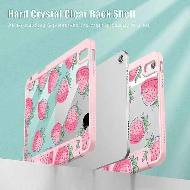 Alt view image 4 of 5 - Lepeoac Case for iPad 11 inch A16 2025 Generation 11th / iPad 10.9 inch 2022 10th Gen, Buit in Pencil Holder with Shockproof Cover Clear Transparent Back Shell Auto Wake/Sleep, Strawberries