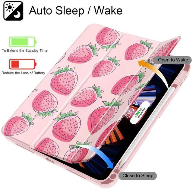Alt view image 3 of 5 - Lepeoac Case for iPad 11 inch A16 2025 Generation 11th / iPad 10.9 inch 2022 10th Gen, Buit in Pencil Holder with Shockproof Cover Clear Transparent Back Shell Auto Wake/Sleep, Strawberries