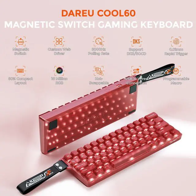 Alt view image 2 of 5 - DAREU COOL60 60% Hall Effect Gaming Keyboard with Magnetic Switch, SOCD, 0.01mm Actuation Adjustable Rapid Trigger,8000 Hz Polling, Frosted Transparent Keycaps, Hot-swap, RGB Backlit