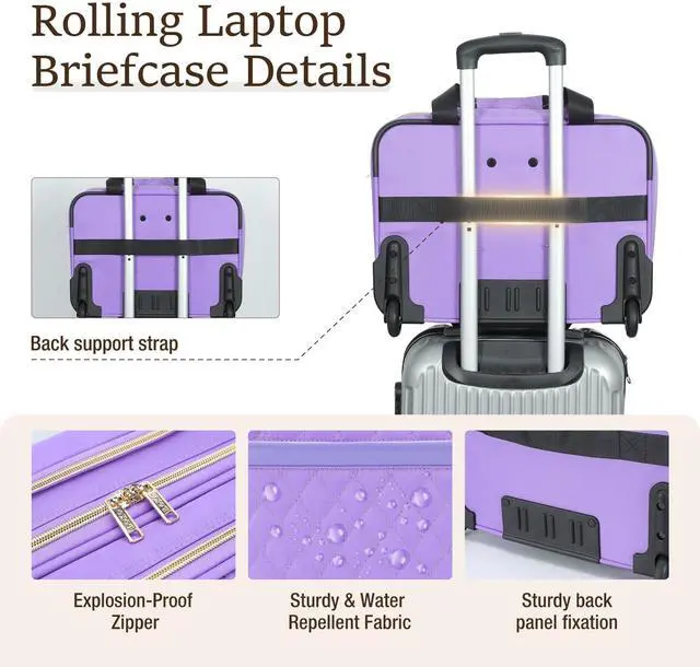 Alt view image 5 of 5 - Lekespring Rolling Laptop Bag, Laptop Briefcase on Wheels for Women Fits Up to 15.6Inch Computer Bags Water Resistant for Work Travel and Business (Purple)