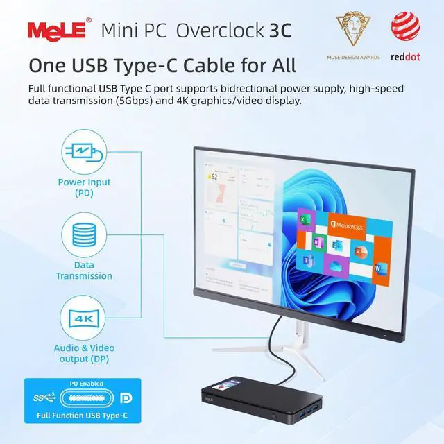 Alt view image 3 of 5 - MeLE Mini PC 16GB DDR4 512GB N5095 Micro PC Overclock3C 2X HDMI 4K USB-C Triple Display 2.4G/5G WiFi BT5.2 GbE Support Linux Small Desktop Computer on IoT MES WMS Astrophotography Home Theater