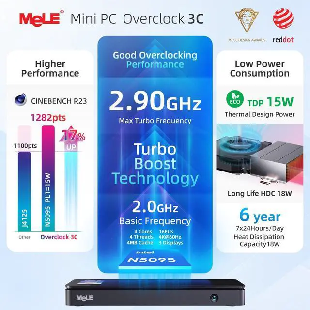 Alt view image 5 of 5 - MeLE Mini PC 16GB DDR4 512GB N5095 Micro PC Overclock3C 2X HDMI 4K USB-C Triple Display 2.4G/5G WiFi BT5.2 GbE Support Linux Small Desktop Computer on IoT MES WMS Astrophotography Home Theater