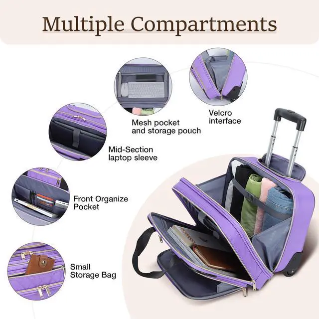 Alt view image 3 of 5 - Lekespring Rolling Laptop Bag, Laptop Briefcase on Wheels for Women Fits Up to 15.6Inch Computer Bags Water Resistant for Work Travel and Business (Purple)