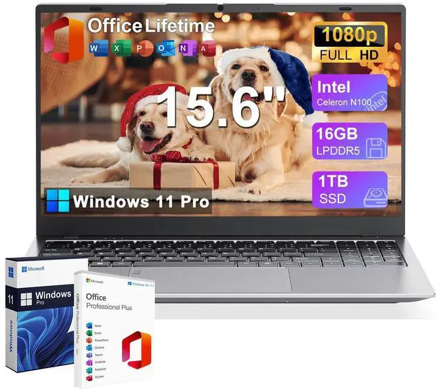 Main image of GINA 15 15.6" FHD Laptop Compter, Windows 11 Pro for Students, Intel Quad-Core N100, 16GB DDR5 RAM, 1TB SSD, Free MS Office, Fingerprint, Numeric Keypad, Type-C, HDMI, USB 3.2, 2-Year Warranty