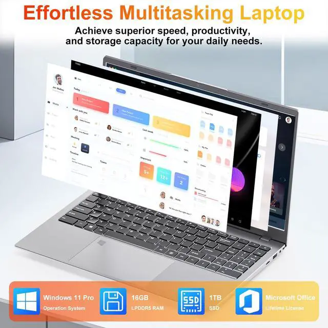 Alt view image 3 of 5 - GINA 15 15.6" FHD Laptop Compter, Windows 11 Pro for Students, Intel Quad-Core N100, 16GB DDR5 RAM, 1TB SSD, Free MS Office, Fingerprint, Numeric Keypad, Type-C, HDMI, USB 3.2, 2-Year Warranty