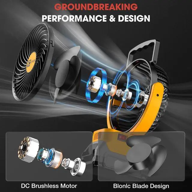 Alt view image 5 of 5 - ohyes Cordless 5IN Jobsite Fan Fit For DeWALT 20V Max Battery Brushless Motor Variable Speed USB Fast Charging For Camping and Workshop(Battery not included)