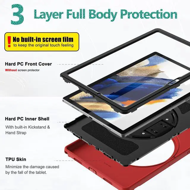 Alt view image 5 of 5 - BATYUE Case for Samsung Galaxy Tab A8 10.5 inch 2022, Heavy Duty Rugged Shockproof Protective Case with Hand Strap+Rotating Kickstand for Tab A8 SM-X200/X205/X207 - Red