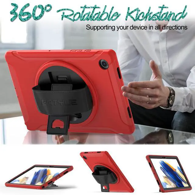 Alt view image 4 of 5 - BATYUE Case for Samsung Galaxy Tab A8 10.5 inch 2022, Heavy Duty Rugged Shockproof Protective Case with Hand Strap+Rotating Kickstand for Tab A8 SM-X200/X205/X207 - Red