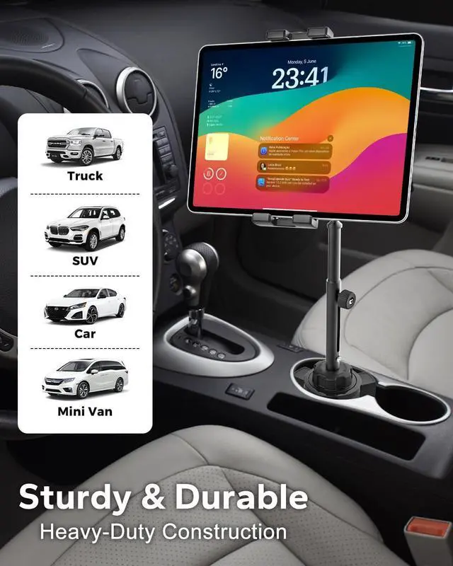 Alt view image 2 of 5 - 15.6" Tablet Holder for Car Cup Holder - [Eye Level Viewing] Heavy Duty Truck Cup Holder for Large Tablets, Metal Adjustable Arm CupHolder for iPad Pro Air Mini, iPhone, Galaxy Tab, 4.7-15.6" Devices