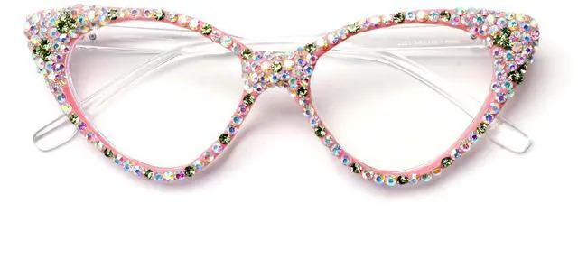 Main image of ICARA Bling Crystal Cat Eye Reading Glasses Rhinestone Blue Light Blocking Glasses for Women (ab grren, 0.0, x)