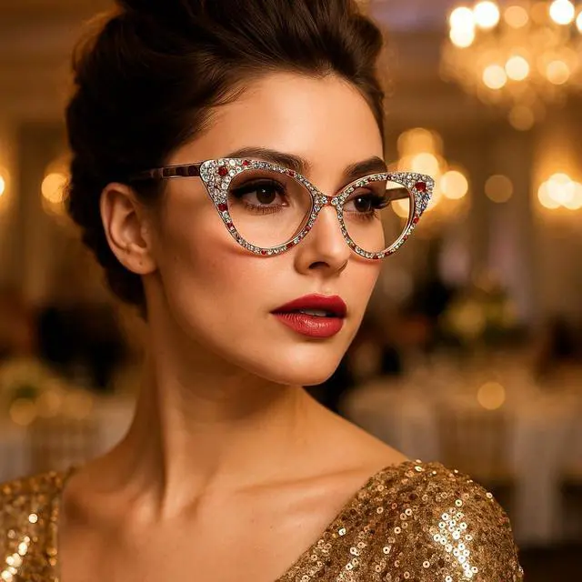 Alt view image 4 of 5 - ICARA Bling Crystal Cat Eye Reading Glasses Rhinestone Blue Light Blocking Glasses for Women (ab grren, 0.0, x)