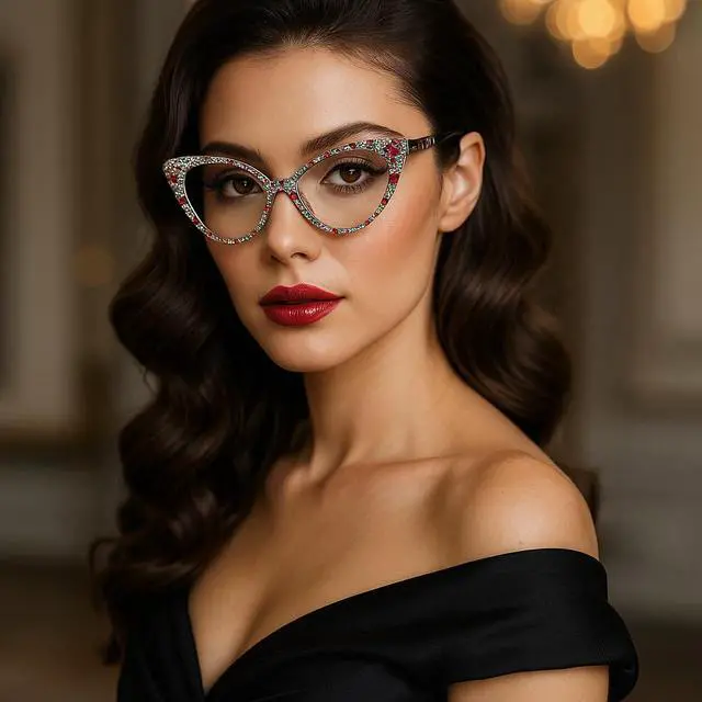 Alt view image 5 of 5 - ICARA Bling Crystal Cat Eye Reading Glasses Rhinestone Blue Light Blocking Glasses for Women (ab grren, 0.0, x)
