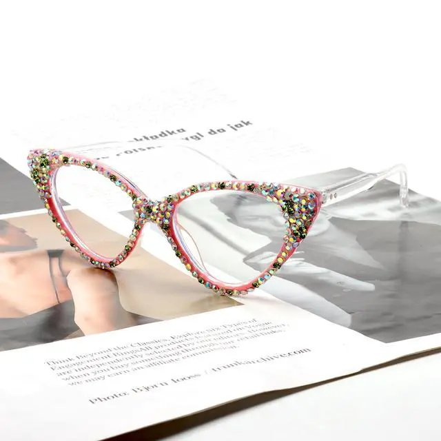Alt view image 3 of 5 - ICARA Bling Crystal Cat Eye Reading Glasses Rhinestone Blue Light Blocking Glasses for Women (ab grren, 0.0, x)
