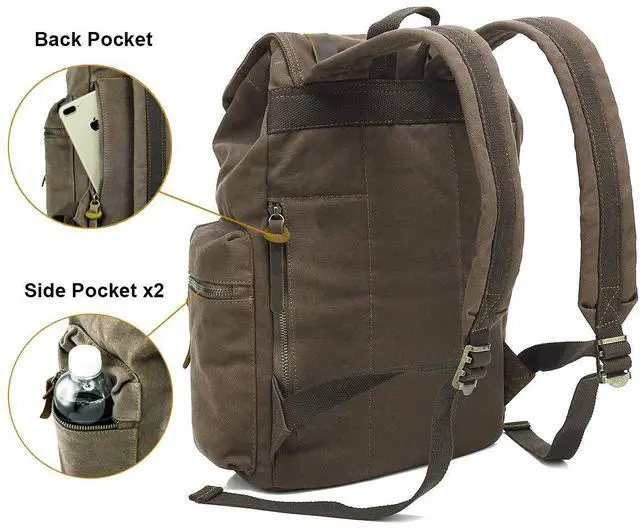 Alt view image 3 of 5 - HuaChen Vintage Canvas Backpack, Large Capacity Travel Rucksack for Hiking, Camping, School, and Outdoor Activities  Unisex M32-Khaki-L