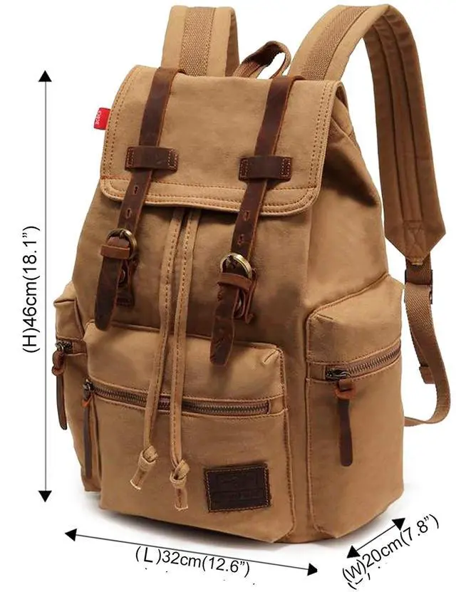 Alt view image 2 of 5 - HuaChen Vintage Canvas Backpack, Large Capacity Travel Rucksack for Hiking, Camping, School, and Outdoor Activities  Unisex M32-Khaki-L