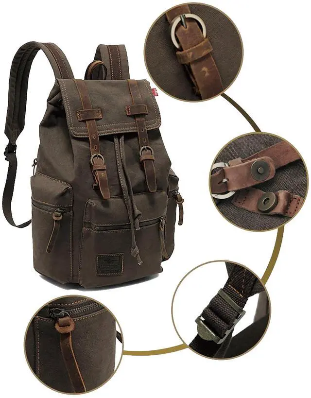 Alt view image 4 of 5 - HuaChen Vintage Canvas Backpack, Large Capacity Travel Rucksack for Hiking, Camping, School, and Outdoor Activities  Unisex M32-Khaki-L