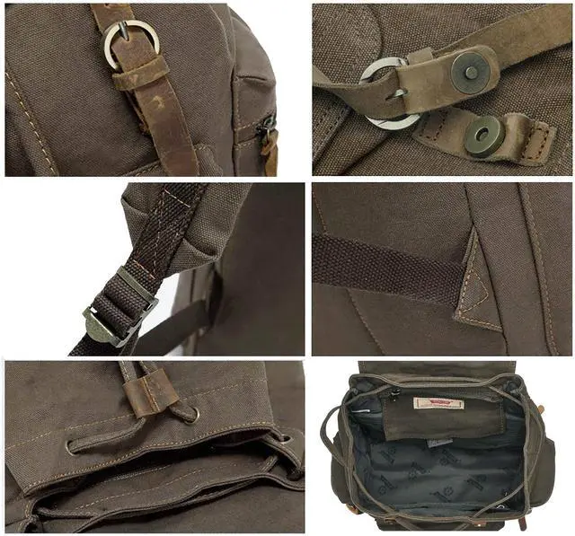 Alt view image 5 of 5 - HuaChen Vintage Canvas Backpack, Large Capacity Travel Rucksack for Hiking, Camping, School, and Outdoor Activities  Unisex M32-Khaki-L